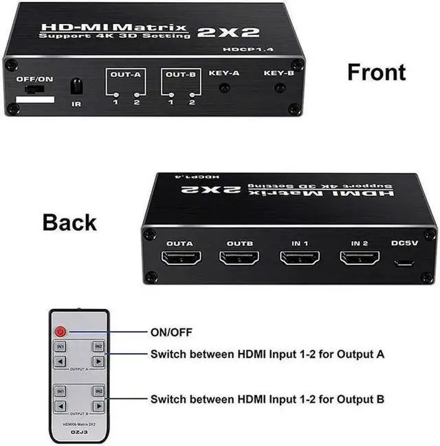 Alt view image 4 of 7 - 4K@60Hz HDMI Matrix Switch Splitter 2 in 2 Out with Remote, 2x2 HDMI Splitter Switcher 4K Support 4K,3D, 1080p,HDCP1.4, HDR,YUV 4:2:0 for PS4,Xbox,Fire Stick,etc (OZJ3)