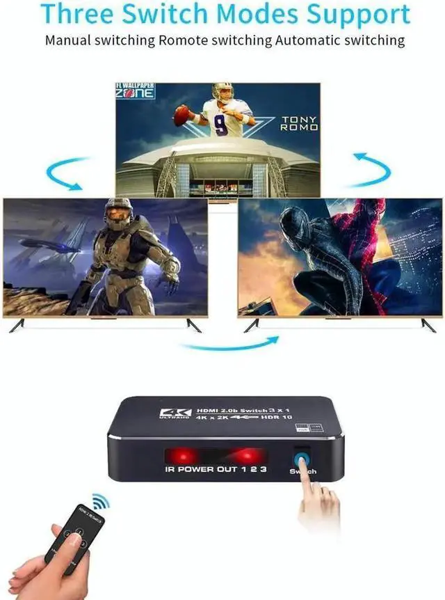 Alt view image 4 of 7 - HDMI 2.0 Switcher 3 in 1 out 4K/60Hz HDMI Splitter for XBOX 360 PS4 Smart Box 3 in 1 out HDMI 2.0 Switch Adapter Supports Ultra HD Dolby Vision, 18.5Gbps, HDR10, HDCP 2.2 & 3D - OZQ2-2