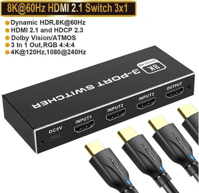 Main image of 8K HDMI Switch,3 in 1 Out Ultra HD 8K@60Hz 4K@120Hz HDMI Splitter,3 Port High Speed-48Gbps HDMI 2.1 Switch with IR Remote Control-Metallic Black