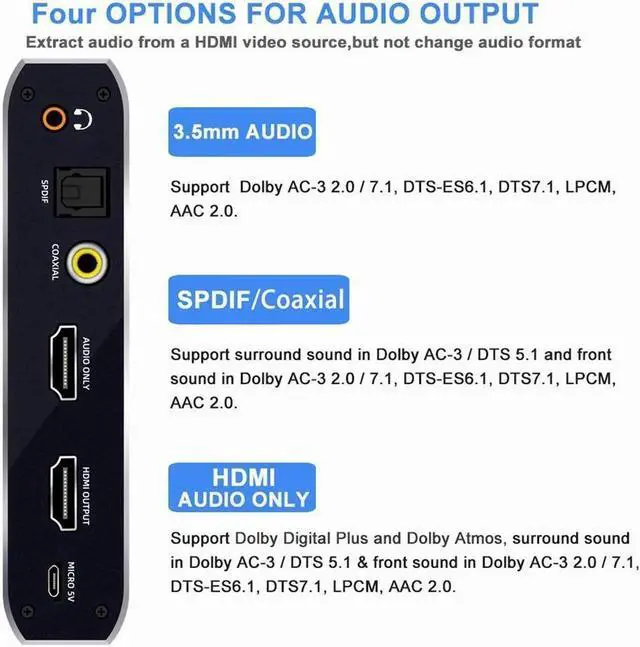 Alt view image 6 of 6 - HDMI Switch 2x1 with Audio Extractor, 4K@60Hz HDMI Switcher 2in1 Out Switch Box Hub with 3.5mm Audio Jack + Coaxial+Optical Toslink SPDIF Compatible with Apple TV PS5 PS4 Xbox Fire Stick