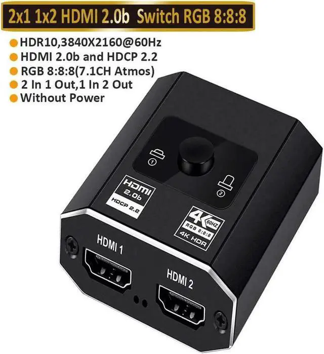 Main image of New 4K Switcher 18Gbps HDMI 2.0b Switch Splitter Bi-Directional 2 in1 Out/1in 2out Ultra HD 4K@60Hz 1080p@120Hz High Speed 18Gbps Switch Adapter with Switch Button with HDMI Cable
