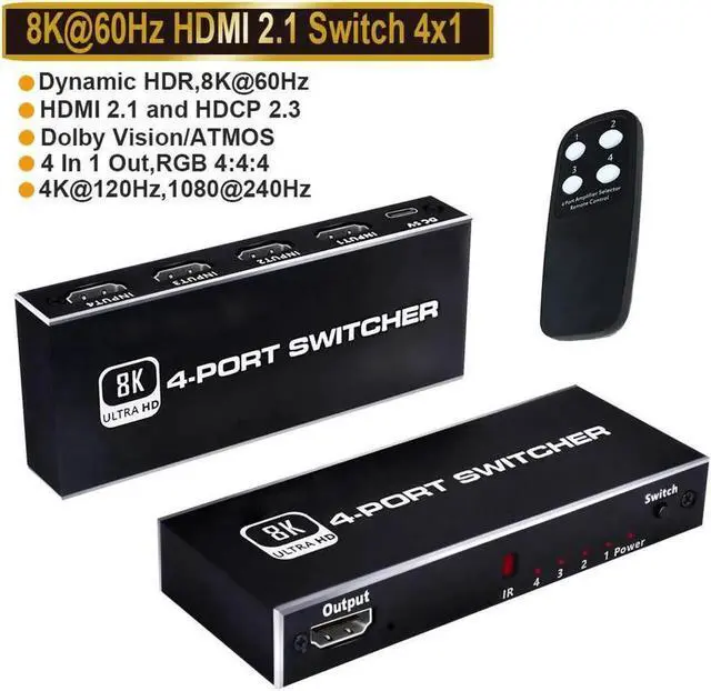 Main image of 8K HDMI Switch,4 in 1 Out Ultra HD 8K@60Hz 4K@120Hz HDMI Splitter,4 Port High Speed-48Gbps HDMI 2.1 Switch with IR Remote Control-Metallic Black
