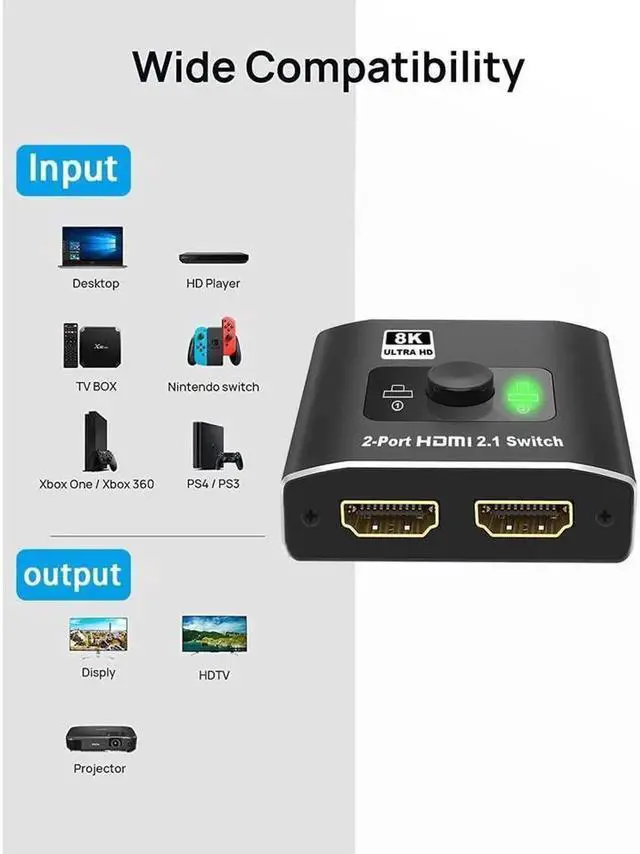 Alt view image 2 of 7 - Ultra HD 8K 60Hz HDMI 2 in 1 Out Switch, 2-Port HDMI Switcher Selector, High Speed 48Gbps Supports 4K@120Hz, 1080P@240Hz, 1080P@120Hz for Fire Stick, HDTV, PS4/5, Game Consoles(OZ8Q2)