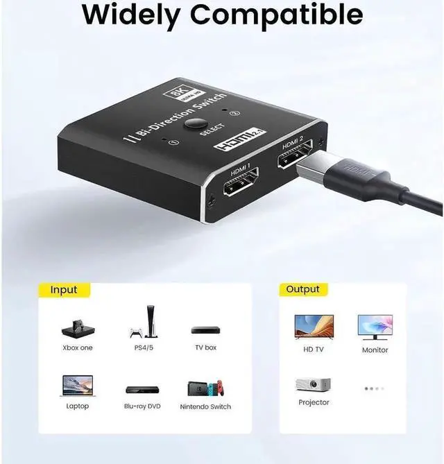 Alt view image 2 of 7 - HDMI2.1 Switch 4K 120H, 8K HDMI Switcher 2 in 1 Out Aluminum Bi-Directional Splitter 2 x 1/1 x 2 UHD 3D Compatible for Switch, PS4, Roku, HDTV, Monitor