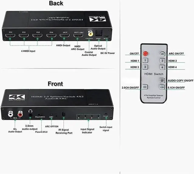 Alt view image 4 of 7 - HDMI Switch 4x2 with Audio Extractor 4K@60Hz Ultra HD HDMI Switcher with Optical TOSLINK SPDIF R/L 3.5mm Audio Coaxial Support ARC Function 3D 1080P@120Hz4Kx2k @60Hz HDTV(Remote Control)