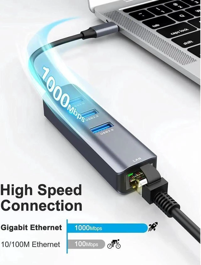 Alt view image 6 of 7 - USB C to Ethernet Adapter 4-in-1 USB-C Hub to Gigabit RJ45 with 3-Port USB Thunderbolt 3/4 Compatible USBC Network Adapter for MacBook Pro/Air,iPad Pro,Surface Laptop,XPS,Chromebook etc