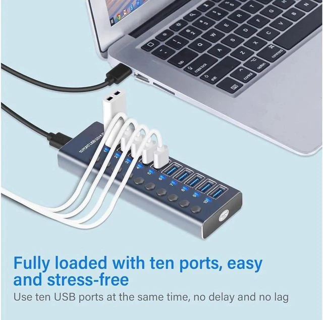 Alt view image 2 of 7 - Powered USB 3.0 USB C Hub, Aluminum USB 10 Port, 12V/5A AC Adapter, with Individual On/Off Switches for MacBook, Mac Pro/Mini and More