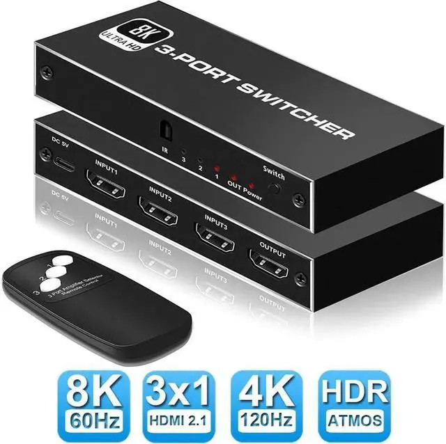 Main image of 3 in 1 Out HDMI 2.1 Switch, 8K High-Speed 48Gbps 3Port HDMI Switcher, Supports 8K@60Hz 4K@120Hz, Compatible for PS5/PS4 Projectors Monitor Blu-Ray Player Xbox (3 in 1)