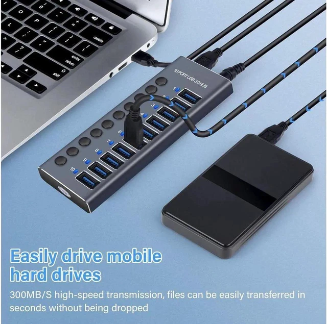 Alt view image 7 of 7 - Powered USB 3.0 USB C Hub, Aluminum USB 10 Port, 12V/5A AC Adapter, with Individual On/Off Switches for MacBook, Mac Pro/Mini and More