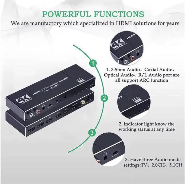 Alt view image 3 of 7 - 4K@60Hz 4x2 HDMI Switch Audio Extractor with Optical TOSLINK SPDIF R/L 3.5mm Audio Coaxial 4 Ports HDMI 2.0b Switcher with Remote Control Support ARC, HDCP 2.2, 3D, for Xbox, Fire Stick