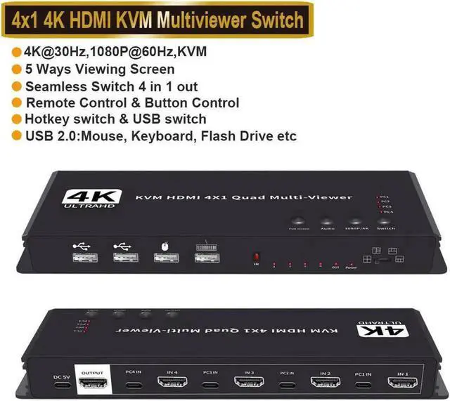 Alt view image 2 of 7 - 4K HDMI KVM Multi Viewer Switch 4x1, Quad Seamless HDMI Switcher, 4 in 1 Out with IR Control, 5 Display Modes for Security Camera, PS4, Laptop, Monitor (Multiviewer 4K30Hz)