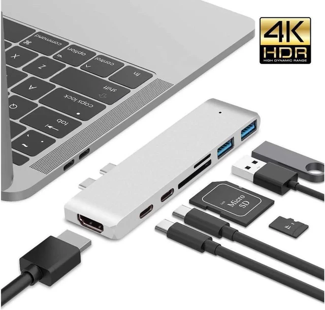 Main image of Dual USB C Hub Adapter,7-in-2 Aluminum Type-C Pro with Thunderbolt 3(40Gbs),HDMI 4K,USB-C Data,Micro/SD Card Readers,2 x USB 3.0 - Compatible with 2016/2017/2018 MacBook Pro - Silver