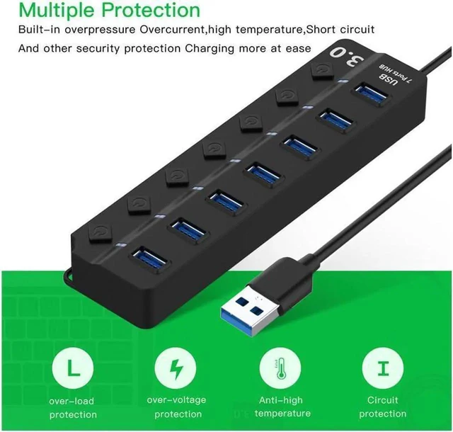 Alt view image 2 of 7 - USB Hub 3.0 Splitter,7 Port USB Data Hub with Individual On/Off Switches and Lights for Laptop, PC, Computer, Mobile HDD, Flash Drive and More