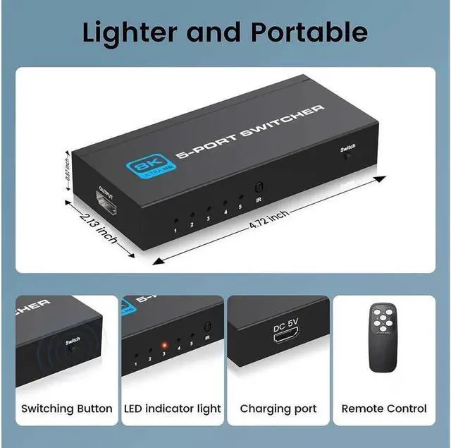 Alt view image 5 of 7 - HDMI 2.1 Switcher 5 in 1 out 8K/60Hz HDMI Splitter for XBOX 360 PS4 Smart Box 5 in 1 out HDMI 2.1 Switch Adapter Supports Ultra HD Dolby Vision, 48Gbps, HDR10, HDCP 2.3 & 3D - OZ8Q5