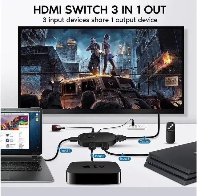Alt view image 4 of 7 - HDMI Switch 8K 3 in 1 Out HDMI 2.1 Switcher 3 Port with Remote Control Support 8K 60Hz 1080 120Hz HDCP 2.3 Ultra HD 3D for Xbox PS4 PS5 UHD TV Monitor Projector