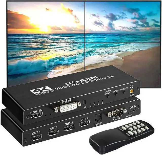 Main image of Video Wall Controller 2x2 4K 3840x2160@30Hz Processor HDMI 1.4 HDCP 1.4 Support 8 Display Modes - 2x2 1x2 1x3 1x4 2x1 3x1 4x1 with 1 HDMI Input 4 HDMI Output for Sports bar Company Mall