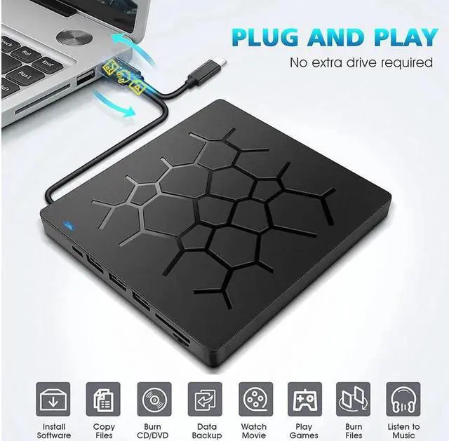 Alt view image 4 of 7 - Multifunct External CD DVD Drive with 4 USB Ports and 2 SD Card Slots,7 -in-1 USB 3.0/Type-C Slim Protable External CD-RW Drive DVD-RW Burner Writer Player for Laptop Notebook PC