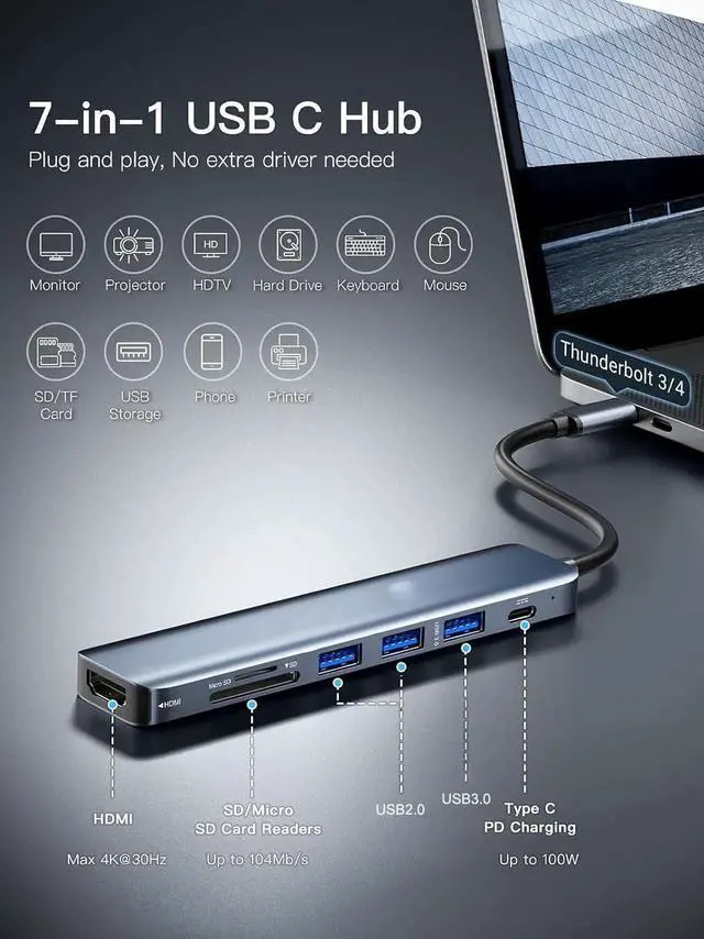 Alt view image 3 of 7 - USB C Hub, Type-C Hub Adapter 7 in 1 with HDMI 4K@30Hz, 100W PD Charging, 1 USB3.0 5Gbps Data Port, 2 USB 2.0, SD/TF, USB C Multiport Dongle for MacBook Pro and Other Type C Devices