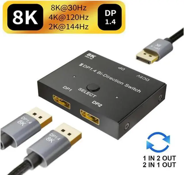 Main image of 8K DisplayPort 1.4 Switch 8K Bi-Directional Splitter 8K@30Hz 4K@120Hz 1440p@165Hz 1in 2out 2in 1out High Speed 32Gbps Converter Compatible with Monitor Projector TV PC Laptop and More