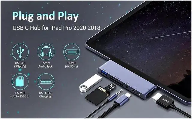 Alt view image 4 of 7 - USB C Hub Adapter for iPad Pro 2020 2019 2018 11/ 12.9", USBC Smartphone/Tablet, 6-in-1 USB-C Hub Dongle with 4K@30Hz HDMI HDR, USB 3.0, 3.5mm Audio and 60W PD, SD/Micro Card Reader