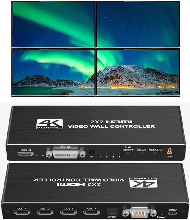 Main image of 4K Video Wall Controller 2x2 1x2 2x1 1x3 3x1 1x4 4x1 TV Wall Processor for 4 TV Splicing Display Support 3840x2160@30Hz HDMI Inputs and Rotate 180 Degree for 4K HDMI Video Image