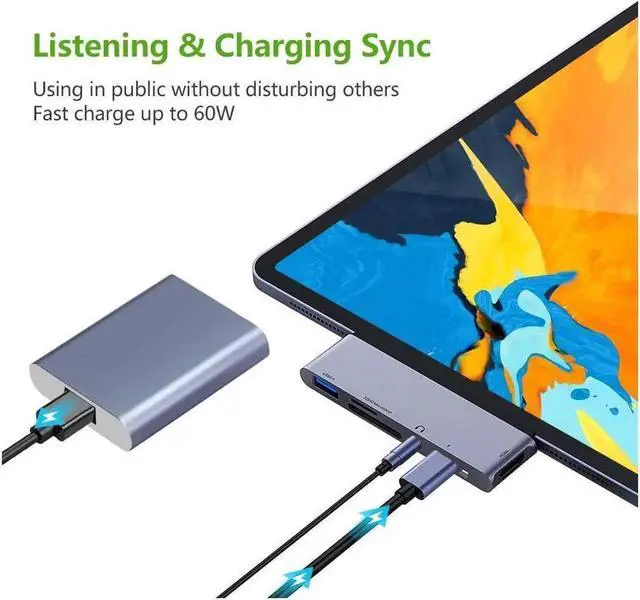 Alt view image 7 of 7 - USB C Hub Adapter for iPad Pro 2020 2019 2018 11/ 12.9", USBC Smartphone/Tablet, 6-in-1 USB-C Hub Dongle with 4K@30Hz HDMI HDR, USB 3.0, 3.5mm Audio and 60W PD, SD/Micro Card Reader