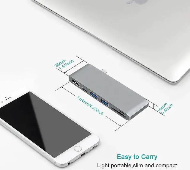 Alt view image 2 of 7 - USB C Hub HDMI, 6-in-1 USB Type C Multi-port Adapter with 4K HDMI, USB-C Power Delivery,2 USB 3.0 Ports,SD/Micro Card Reader,Compatible with MacBook 2017/2016 and other USB-C Devices-Gray