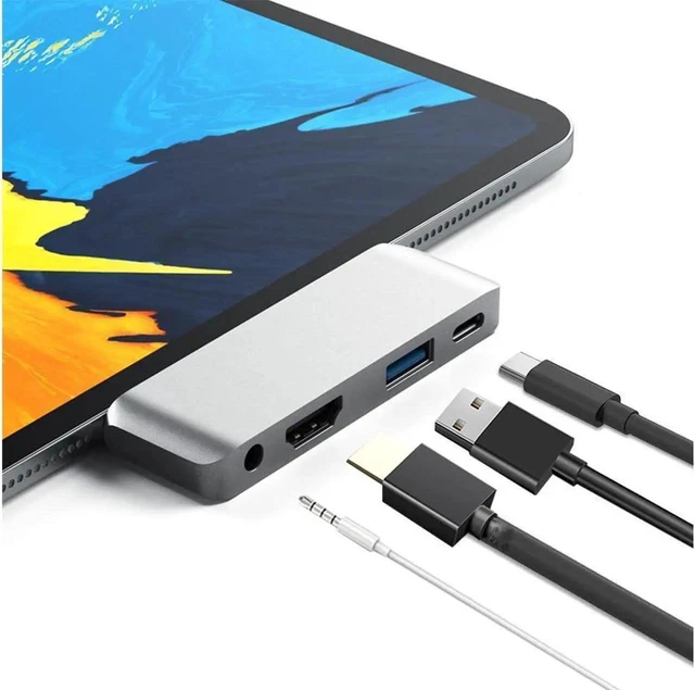 Main image of USB C HDMI Adapter for MacBook Pro 2017/2016/Google Chromebook /XPS/S9, 4 in 1 USB-C to 4K HDMI Output, Audio Jack Port , PD Charging Port and USB3.0 Port (Silver)