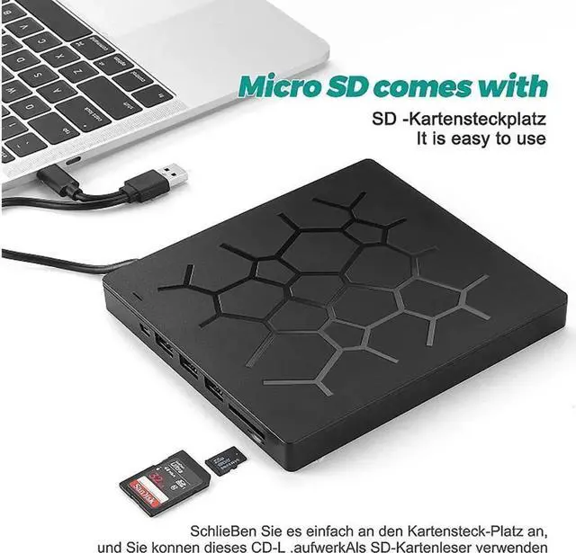 Main image of 7 -in-1 External DVD Drive with 4 USB Ports and 2 SD Card Slots, USB 3.0 External DVD CD ROM Drive, USB-C External DVD Player, Portable DVD +/- RW Optical Drive for Windows 7/8/10/Linux