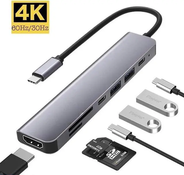 Main image of USB C Hub for Laptop 7 in 1 USB C Dongle 4K HDMI, 100W PD Charging, USB-C & USB-3.0 5Gbps Data Ports, USB-A, SD/TF Card Reader for MacBook Pro/Air, iPad Pro, and Other Type C Laptops
