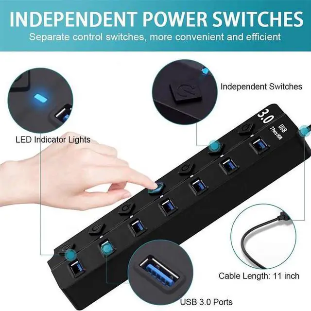 Alt view image 6 of 7 - 7 Port Powered USB Hub, USB3.0 Data Hub with 7 USB 3.0 Data Port , USB Charging Hub for Mobile HDD, MacBook, iMac, Mac Pro/Mini, iPad Air, PC, Laptop, and More