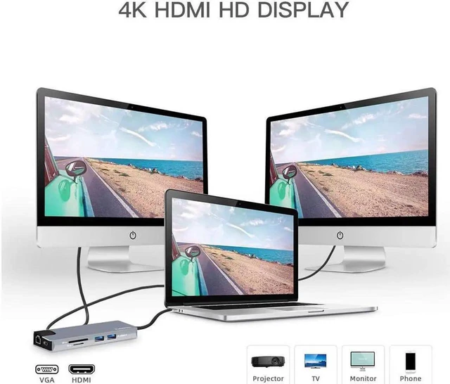 Alt view image 5 of 7 - 9-in-1 USB C Hub Adapter Type-C Dongle with Gigabit Ethernet Port 2 USB 3.0 Ports SD/TF Card Reader 3.5mm Audio Jack USB-C Power Delivery 4K USB C to HDMI VAG for MacBook Pro/Air iPad Pro