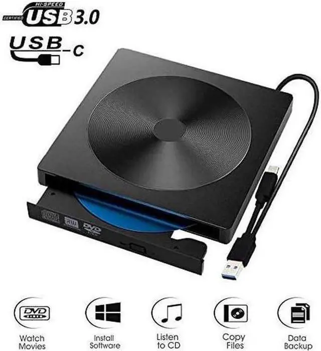 Main image of DVD Player for Laptop, USB 3.0 Type-C Dual Port Portable External CD DVD Drive, Drive Slim DVD/CD ROM Rewriter Burner for Laptop Desktop PC Windows Linux OS Apple Mac( YX-008, Black )
