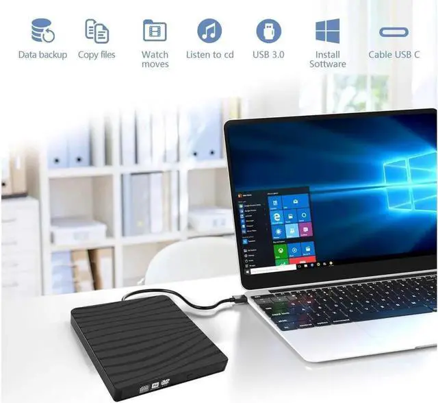 Alt view image 3 of 6 - External CD DVD Drive USB 3.0 Type-C Portable CD DVD +/-RW Optical Drive USB C Burner Slim CD/DVD ROM for PC Laptop Desktop MacBook Mac Linux OS Apple Windows 10/8/7/XP-Black