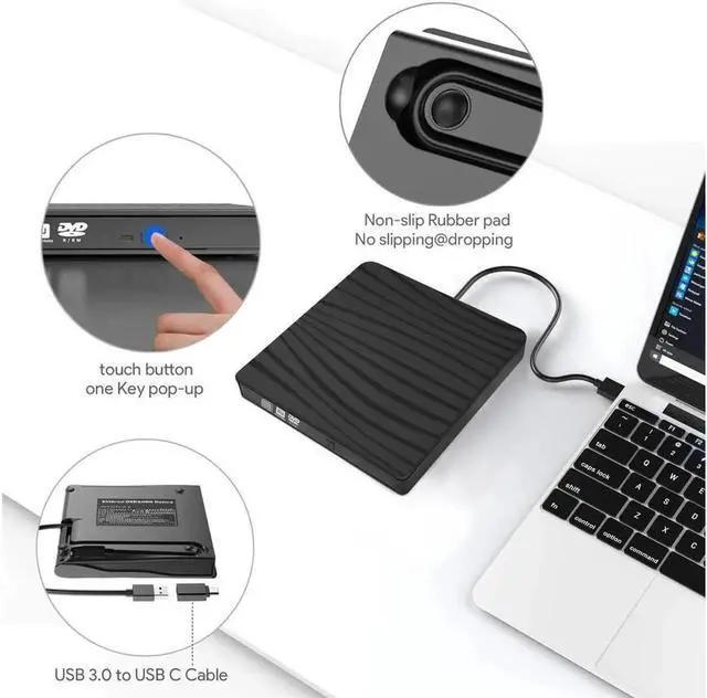 Alt view image 6 of 6 - External CD DVD Drive USB 3.0 Type-C Portable CD DVD +/-RW Optical Drive USB C Burner Slim CD/DVD ROM for PC Laptop Desktop MacBook Mac Linux OS Apple Windows 10/8/7/XP-Black