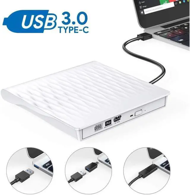 Main image of Slim Type C External CD Drive, USB 3.0 Portable CD/DVD +/-RW Drive Ultra-Thin DVD/CD ROM Rewriter Burner Compatible with Laptop Desktop PC Windows Linux OS Apple Mac(SLS01, White)