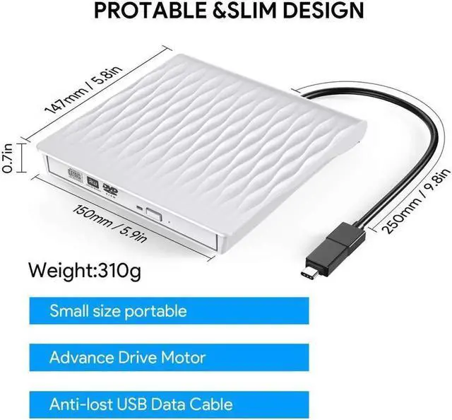 Alt view image 2 of 7 - Slim Type C External CD Drive, USB 3.0 Portable CD/DVD +/-RW Drive Ultra-Thin DVD/CD ROM Rewriter Burner Compatible with Laptop Desktop PC Windows Linux OS Apple Mac(SLS01, White)