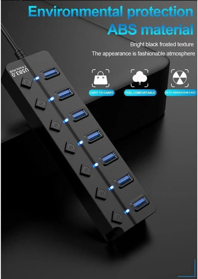 Alt view image 7 of 7 - USB Hub 3.0 Splitter, 7-Port USB Hubs, Multiple Ports Expansion, Individual On/Off Switch LED Indicator, Slim Portable Data Expander for Laptop, Keyboard, Mouse, Adapter
