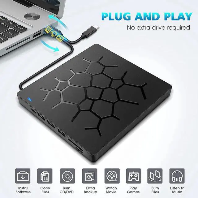 Alt view image 7 of 7 - 7 -in-1 External CD Drive USB 3.0 Portable CD DVD +/-RW Drive DVD/CD ROM Rewriter Burner Writer with 4 USB Ports and 2 SD Card Slots Compatible with Laptop Desktop PC Windows Mac Pro MacBook
