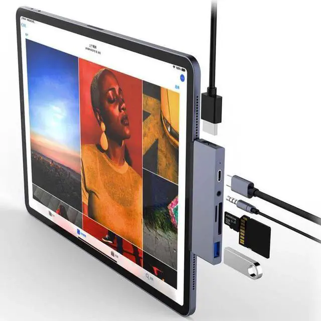 Main image of USB C HUB, 6-in-1 USB C Hub Adapter with Aux 3.5mm Headphone Jack, 4K HDMI, SD/TF Card Reader, USB 3.0, USB-C PD Charging Compatible for iPad Pro 11/12.9 2018 2020, iPad Air 4, MacBook Pro