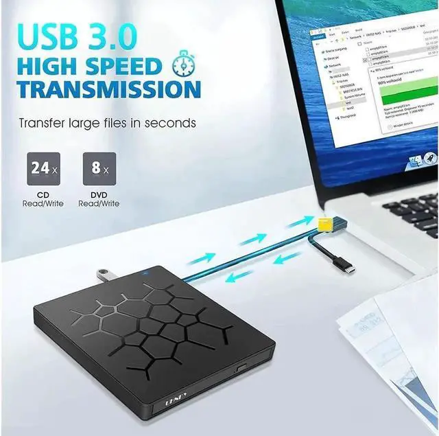 Alt view image 2 of 7 - External CD DVD Drive USB 3.0 Type-C Portable CD/DVD ROM Drive Burner Rewriter with 4 USB Ports and 2 SD Card Slots for Windows Linux Mac Laptop Desktop, MacBook Pro/Air, iMac