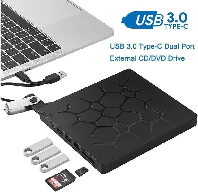 Alt view image 6 of 7 - External CD DVD Drive USB 3.0 Type-C Portable CD/DVD ROM Drive Burner Rewriter with 4 USB Ports and 2 SD Card Slots for Windows Linux Mac Laptop Desktop, MacBook Pro/Air, iMac