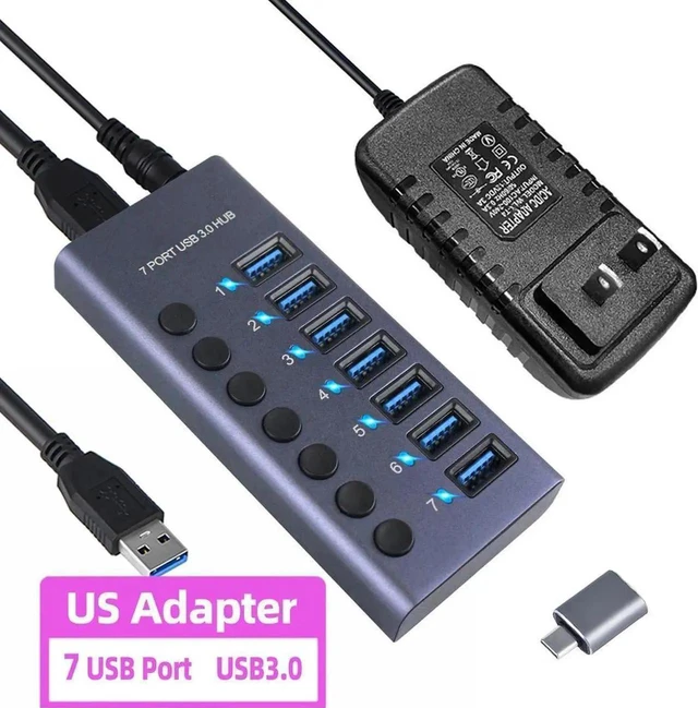 Main image of Powered USB Hub,7 Ports USB 3.0 Data Hub Aluminum, Individual On/Off Switches, 12V3A 36W Power Adapter, USB Hub 3.0 Splitter Extension for MacBook, Mac Pro/Mini, iMac, Laptop/PC