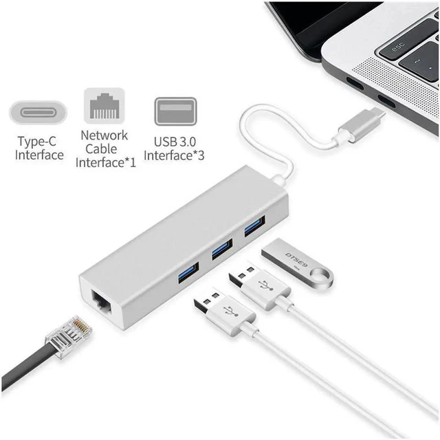 Main image of USB C to Ethernet Type C to Gigabit Ethernet with 3 USB 3.0 Aluminum Adapter, 10/100/1000 Mbps Thunderbolt 3 Compatible, for PC Laptop Windows macOs USB Flash Drives etc, Silver