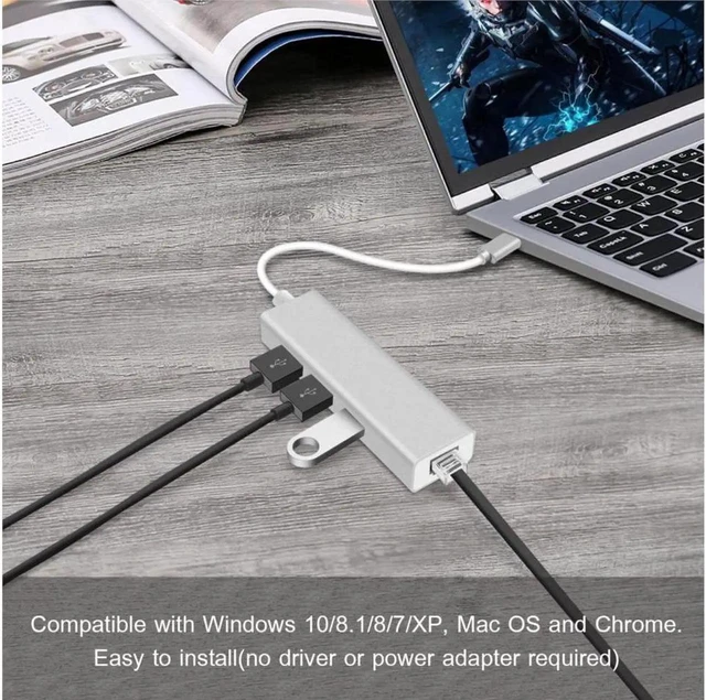 Alt view image 4 of 7 - USB C to Ethernet Type C to Gigabit Ethernet with 3 USB 3.0 Aluminum Adapter, 10/100/1000 Mbps Thunderbolt 3 Compatible, for PC Laptop Windows macOs USB Flash Drives etc, Silver
