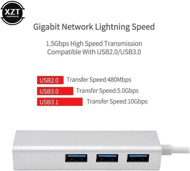 Alt view image 3 of 7 - USB C to Ethernet Type C to Gigabit Ethernet with 3 USB 3.0 Aluminum Adapter, 10/100/1000 Mbps Thunderbolt 3 Compatible, for PC Laptop Windows macOs USB Flash Drives etc, Silver