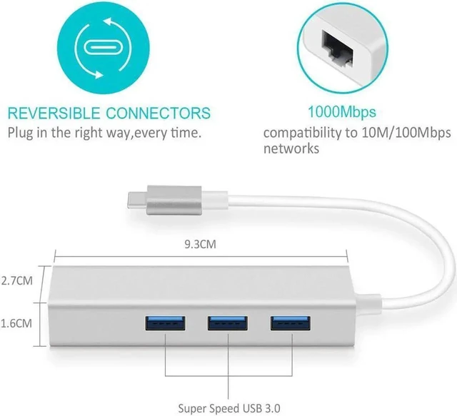 Alt view image 7 of 7 - USB C to Ethernet Type C to Gigabit Ethernet with 3 USB 3.0 Aluminum Adapter, 10/100/1000 Mbps Thunderbolt 3 Compatible, for PC Laptop Windows macOs USB Flash Drives etc, Silver