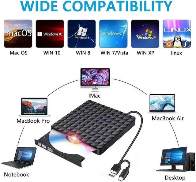 Alt view image 4 of 6 - Slim Type-C/USB3.0 External CD Drive, Portable CD/DVD +/-RW Drive Ultra-Thin DVD/CD ROM Rewriter Burner Compatible with Laptop Desktop PC Windows Linux OS Apple Mac(Diamond Pattern)