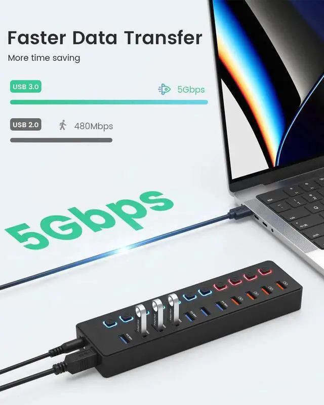 Alt view image 3 of 7 - Powered USB Hub, 11-Port USB 3.0 Hub (7 Faster Data Transfer Ports+ 4 Smart Charging Ports), Individual Switches and 12V/3A Power Adapter, USB Port Expander for Laptop/PC, U11HUB