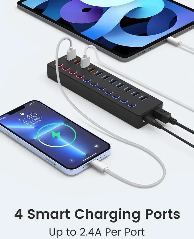 Alt view image 7 of 7 - Powered USB Hub, 11-Port USB 3.0 Hub (7 Faster Data Transfer Ports+ 4 Smart Charging Ports), Individual Switches and 12V/3A Power Adapter, USB Port Expander for Laptop/PC, U11HUB